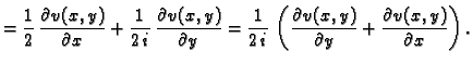 $\displaystyle = \frac{1}{2}\,\frac{\partial{}v(x,y)}{\partial{}x} +
\frac{1}{2\...
...c{\partial{}v(x,y)}{\partial{}y} +
\frac{\partial{}v(x,y)}{\partial{}x}\right).$