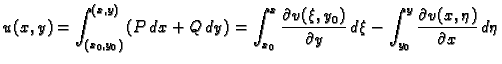 $\displaystyle u(x,y) = \int_{(x_0,y_0)}^{(x,y)}\left(P\,dx + Q\,dy\right) =
\in...
...\partial
y}\,d\xi - \int_{y_0}^{y} \frac{\partial v(x,\eta)}{\partial
x}\,d\eta$