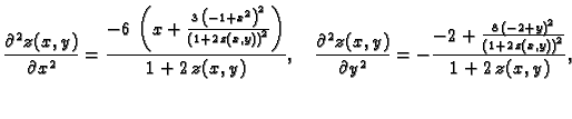 $\displaystyle \frac{\partial^2{}z(x,y)}{\partial{}x^2} = {\frac{-6\,\left( x + ...
...t( -2 + y \right) }^2}}{{{\left( 1 + 2\,z(x,y) \right)}^2}}}}
{1 + 2\,z(x,y)}},$